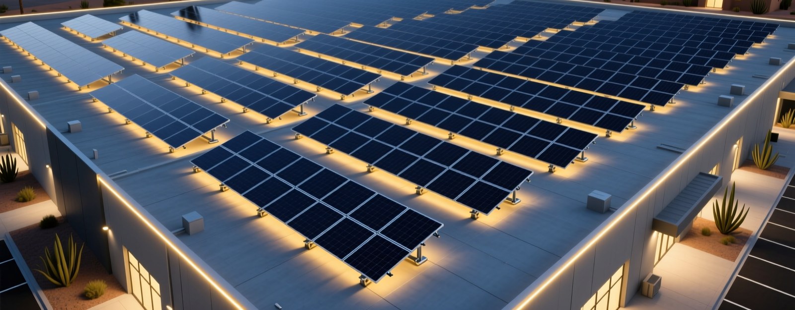 Instalación fotovoltaica en una nave comercial al atardecer